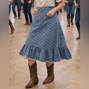 VTG Banjo Dallas TX Blue Bandana Paisley Pattern Ruffled Skirt, Size M